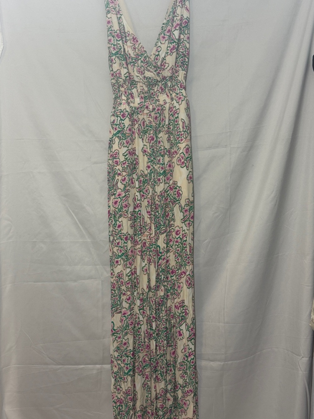 LOFT Wide Leg Floral V-Neck Jumpsuit in Cream and Pink